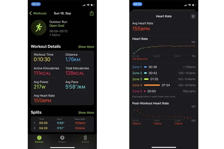 Man sieht die aufgezeichnete Herzfrequenz in der Trainings-App.
